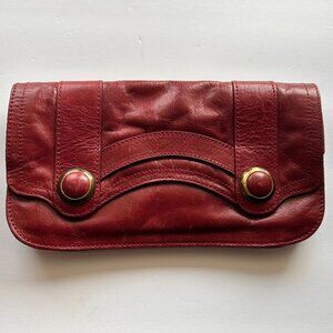 Kate Landry Red Leather Clutch Purse w/ Paisley Lining & Brass-Tone Hardware